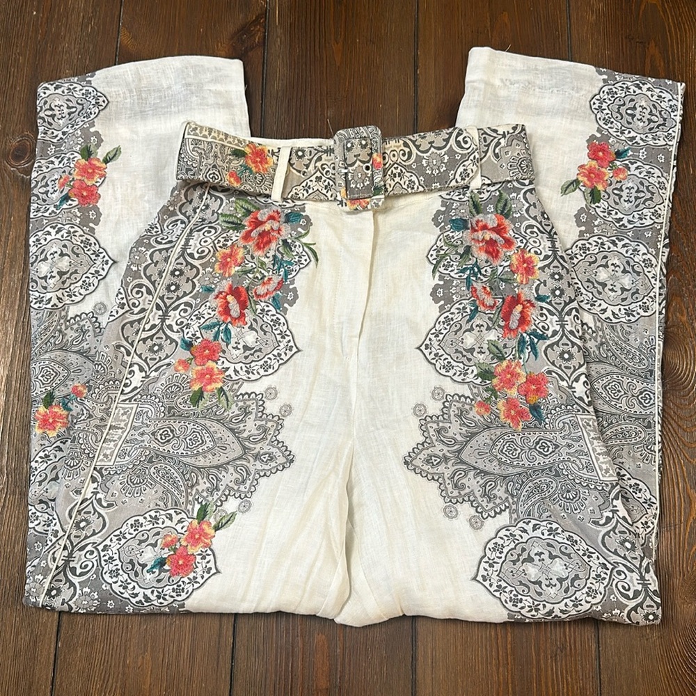 Johnny Was Linen Paisley and Floral Printed Pants
